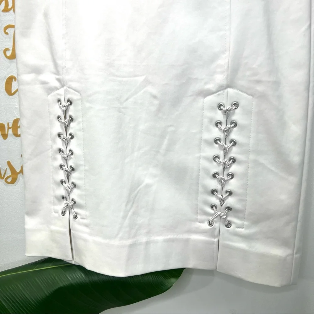 ETCETERA Solid White Pencil Skirt Eyelet Mock Tie Lace Up Detail Size 0 … - Picture 5 of 11
